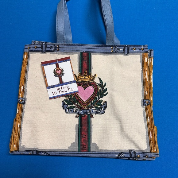 NWT Brighton In Love We Trust Promo Tote Bag Canvas Blue Leather Handles - Picture 3 of 15